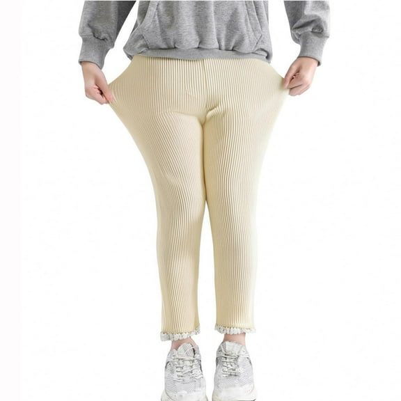 Girls Ribbed Knit Leggings Soft Cotton Lace Trim Footless Ruffle Tight Stocking Bottom Pants Loose Pants for Kids Beige 90