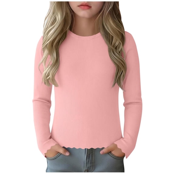 Girls Ribbed Knit Long Sleeve Pullover Crew Neck Lettuce Trim Fitted Shirts Kids Fashion Casual Basic School T-Shirt