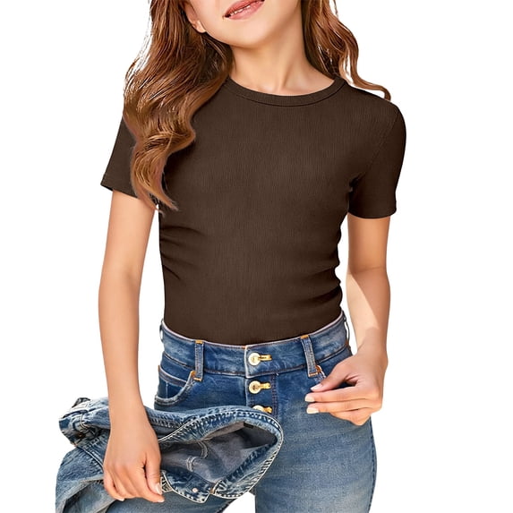 Girls Ribbed Knit Short Sleeve Crewneck Tee Soft Casual Basic Top For Toddler And Comfortable Everyday Wear T-Shirts Kids Short Sleeve Crewneck Solid Basic Tees Casual Tops