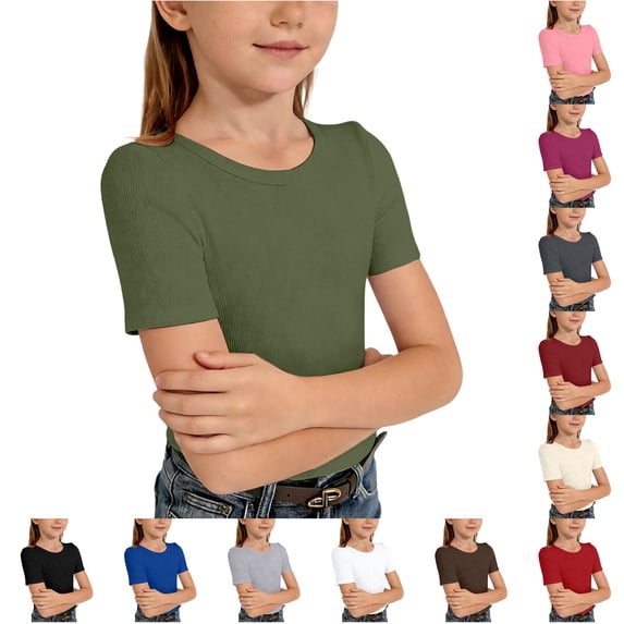 Girls Ribbed Knit Short Sleeve Crewneck Tee Soft Casual Basic Top for Kids and Comfortable Everyday Wear Girls Get Too Shirt 8-9 Years