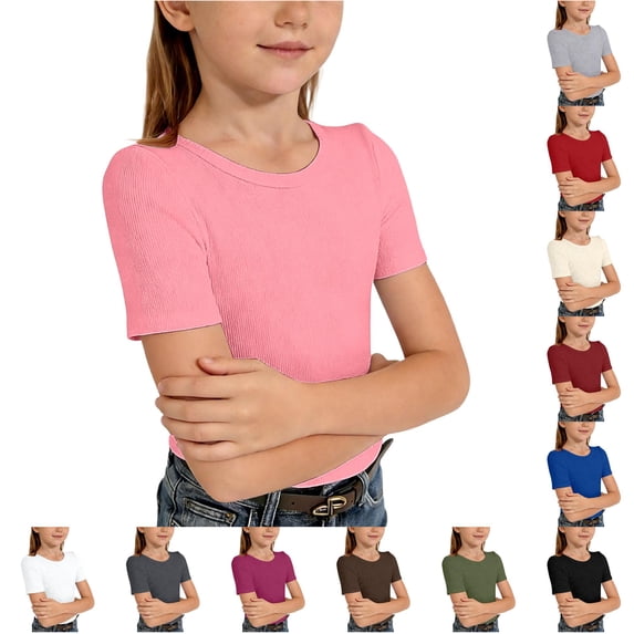 Girls Ribbed Knit Short Sleeve Crewneck Tee Soft Casual Basic Top for Tween and Comfortable Everyday Wear Girls Get Too Shirt 13-14Years