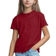 thumbnail image 1 of Girls Ribbed Knit Short Sleeve Top | Scalloped Trim Casual T-Shirt for Kids Kids 2T-12 | Soft Everyday Girls Shirt (Wine),Size 3-4T, 1 of 5