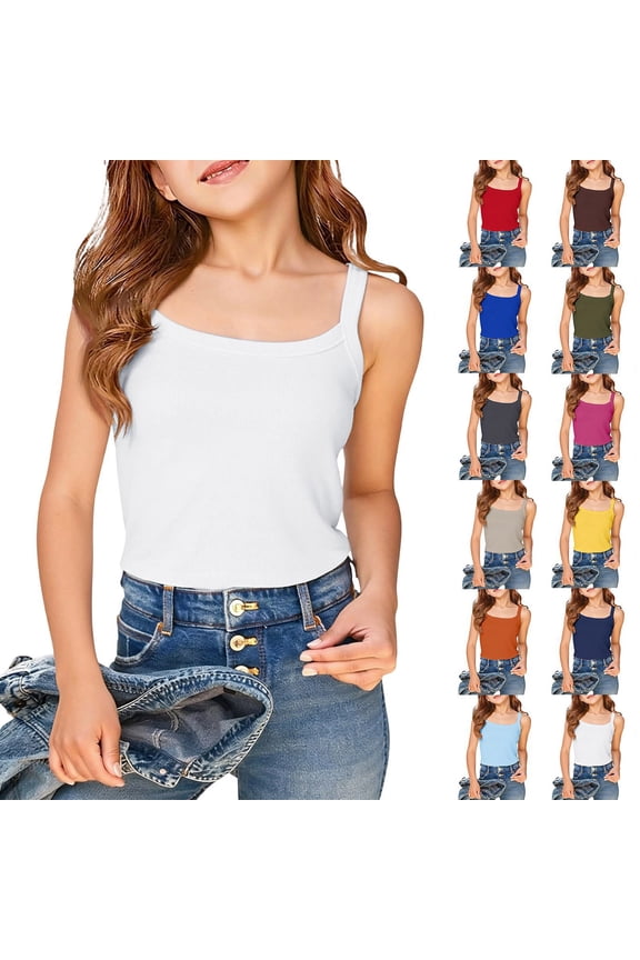 Girls Ribbed Knit Square Neck Cami Sleeveless Fitted Crop Tank Top Casual Basic Layering Shirt for Summer Outfits Beige Size 7-8 Years
