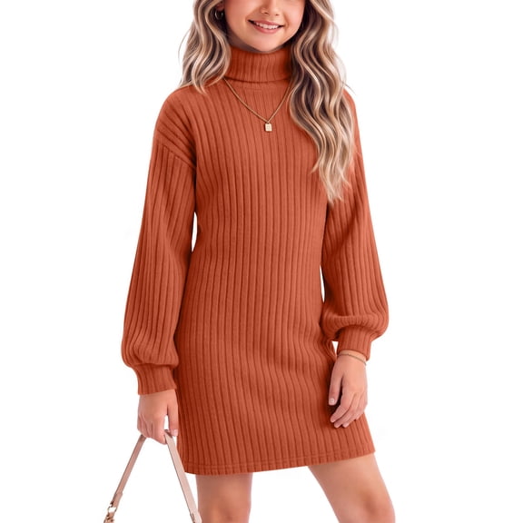 Girls Ribbed Knit Sweater Dress Fall Winter Puff Long Sleeves Turtleneck Ribbed Cuffs Mini Dress Warm Soft Stretchy Daily Casual Outfit,140