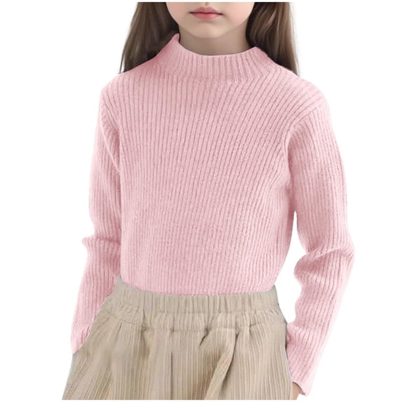 Girls Ribbed Knit Sweaters Soft Warm Cotton Mock Neck Pullover Jumpers Solid Color Long Sleeve Winter Clothes (5 Years, Pink)