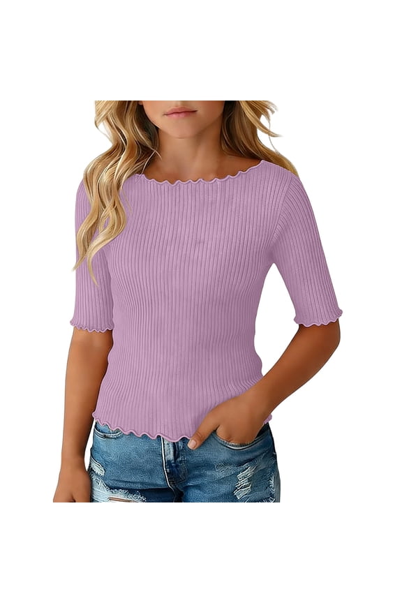 Girls Ribbed Knit Top Lettuce Edge Half Sleeve Ruffle Neck Casual Tee Shirt Soft Stretchy Summer Blouse for Kids