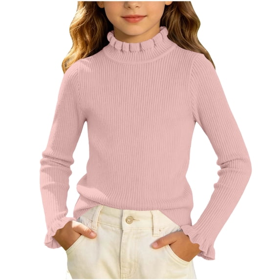 Girls Ribbed Mock Neck Knit Sweater Slim Fit Long Sleeve Ruffle Trim Basic thermal Top for Kids Ages 0-12 Fall Winter Layering Shirt Pink 0-3 Years