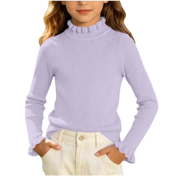 Girls Ribbed Mock Neck Knit Sweater Slim Fit Long Sleeve Ruffle Trim Basic thermal Top for Kids Ages 0-12 Fall Winter Layering Shirt Purple 0-3 Years