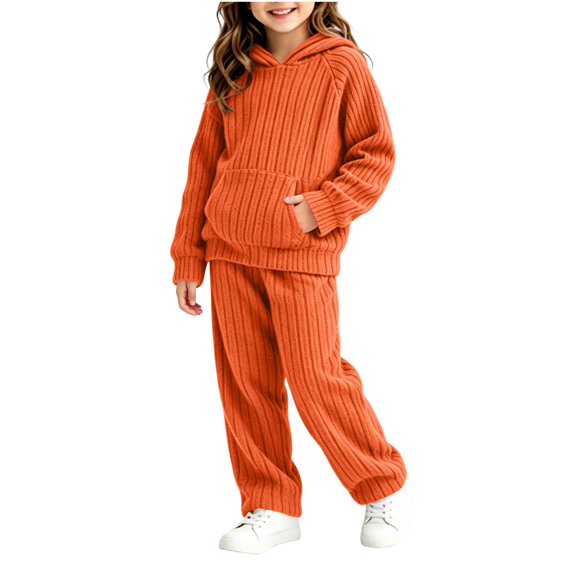 Girls Ribbed Outfits Set Casual Fashion Long Sleeve Soft Hoodie and Wide Leg Pants Kids Fall Clothes Orange 10-12