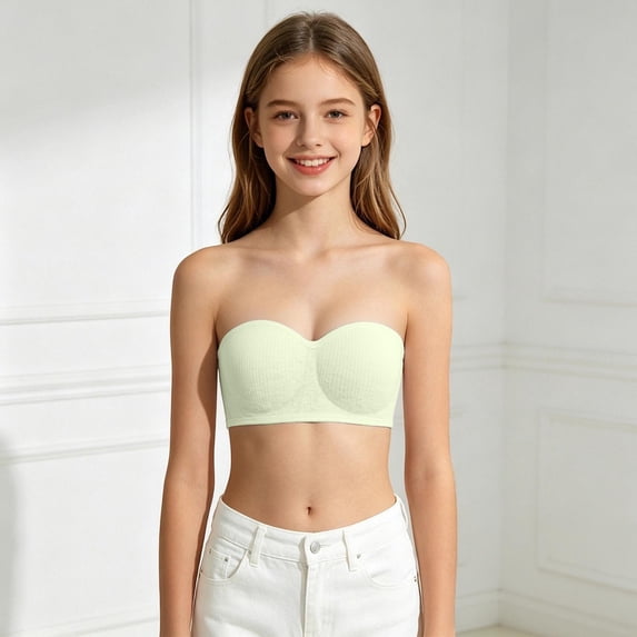 Girls Ribbed Strapless Bandeau Bra with Extra Matching Removable Straps, Wireless Thin Breathable Padded Anti- Tube Bra, Cute Invisible No Show Student Training Bra for Teenage Girls Ages 13-18