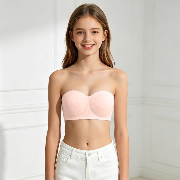 Girls Ribbed Strapless Bandeau Bra with Extra Matching Removable Straps, Wireless Thin Breathable Padded Anti- Tube Bra, Cute Invisible No Show Student Training Bra for Teenage Girls Ages 13-18