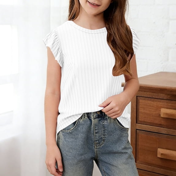 Girls Ribbed T-Shirt Toddler Cute Flutter Ruffle Short Sleeve Crewneck Slim Fit Top Casual Daily Playwear Basic Summer Outfits