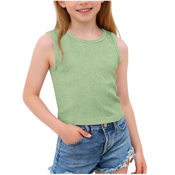 Girls Ribbed Tank Top Crop Stretchy Breathable Green Summer Casual Basic Top Sleeveless Layering Soft Tee for Kids Little Big Girls,Size 3-4 T