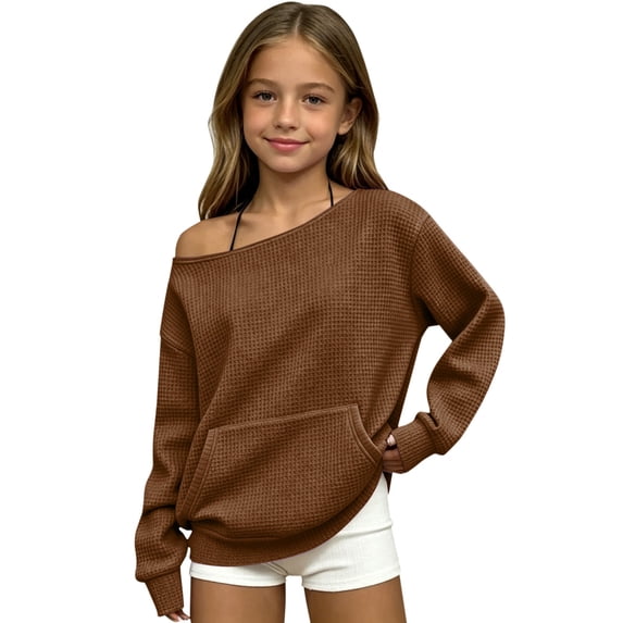 Girls Ribbed off Shoulder Sweatshirts Oversized Trendy Solid Sweater Kids