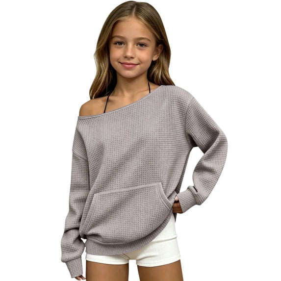 Girls Ribbed off Shoulder Sweatshirts Oversized Trendy Solid Sweater Kids