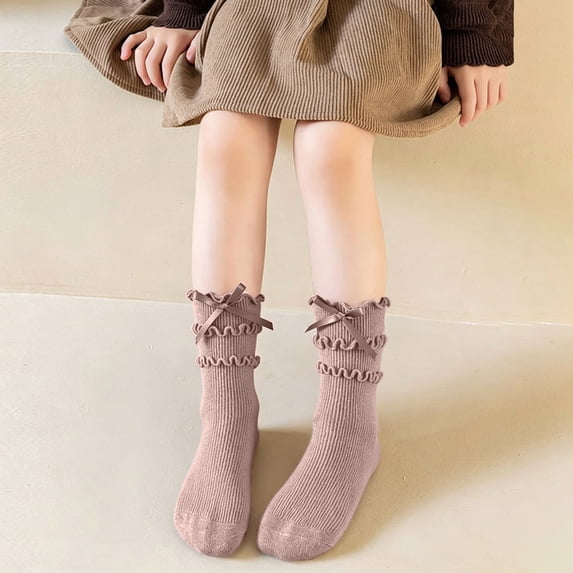 Girls Ribben Knit Ruffle Crew Socks Bow Decor Double Frilly Ankle Socks Soft Cotton Breathable Princess Long Sock