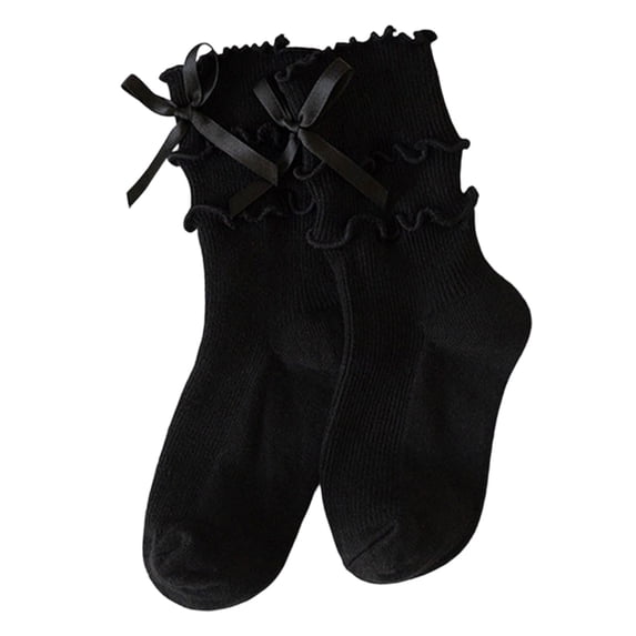 Girls Ribben Knit Ruffle Crew Socks Bow Decor Double Frilly Ankle Socks Soft Cotton Breathable Princess Long Sock