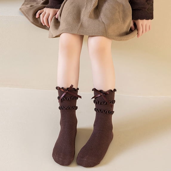 Girls Ribben Knit Ruffle Crew Socks Bow Decor Double Frilly Ankle Socks Soft Cotton Breathable Princess Long Sock