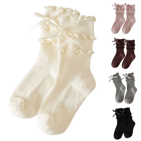 Girls Ribben Knit Ruffle Crew Socks Bow Decor Double Frilly Ankle Socks Soft Cotton Breathable Princess Long Sock