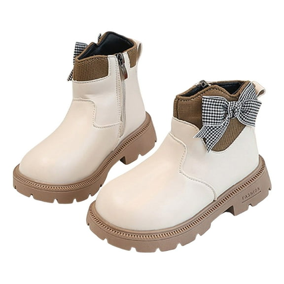 Girls Riding Boots Cute Bow Zipper Fall Winter Ankle Booties Round Toe Chunky Lug Sole Princess Boots