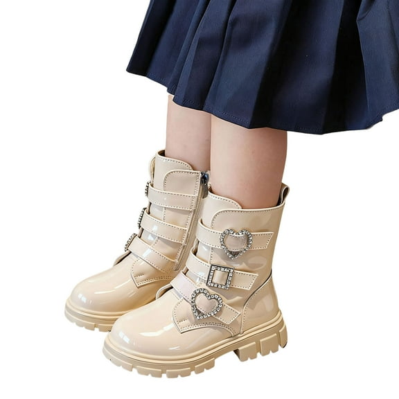 Girls Riding Boots Glitter Rhinestone Buckles Princess Dress Mid Calf Booties Fashion Lug Sole Chunky Heel Zipper Long Boots Beige 11 Little Kids