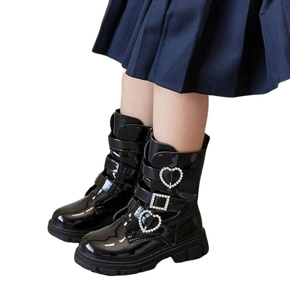 Girls Riding Boots Glitter Rhinestone Buckles Princess Dress Mid Calf Booties Fashion Lug Sole Chunky Heel Zipper Long Boots Black 13 Little Kids
