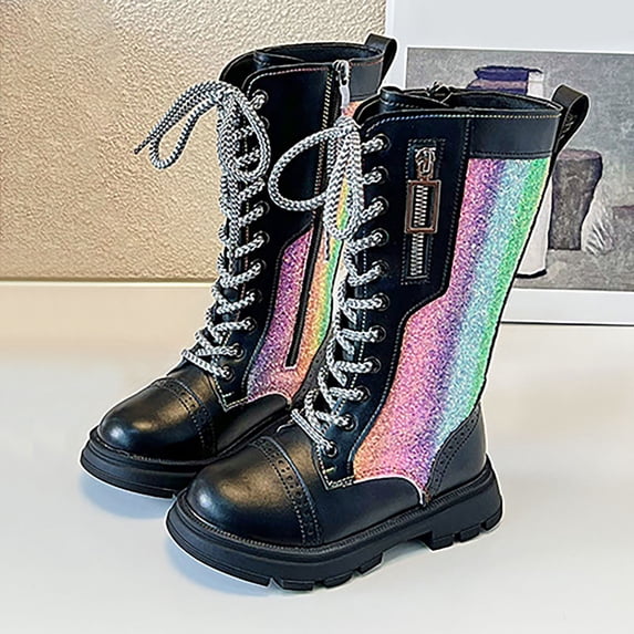 Girls Riding Knee High Boots with Side Zipper Fashion Round Toe Comfortable Low Heel Lace Up Combat Boots Lug Sole Motorcycle Boots Little Kid/Big Kid