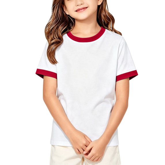 Girls Ringer T Shirt Kids Short Sleeve Crew Neck Contrast Trim Tee Retro School Summer Classic Casual Top