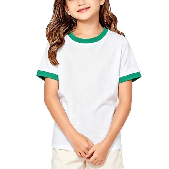 Girls Ringer T Shirt Kids Short Sleeve Crew Neck Contrast Trim Tee Retro School Summer Classic Casual Top
