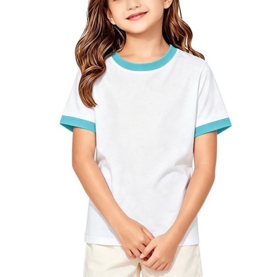 Girls Ringer T Shirt Kids Short Sleeve Crew Neck Contrast Trim Tee Retro School Summer Classic Casual Top