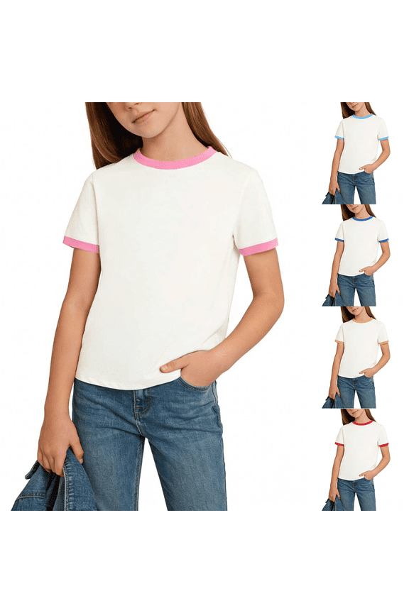 Girls' Blue Ringer T-Shirt with Contrast Trim, 100% Cotton Soft Tagless Comfort, Size 2-3T