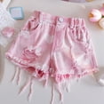 thumbnail image 1 of Girls Ripped Frayed Denim Shorts, Elastic Waist Cute Heart Pattern Jean Shorts for Casual Outings and Playdates Pink 100, 1 of 9