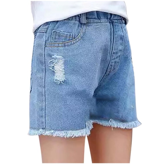 Girls Ripped Hole Mid Thigh Denim Shorts Summer Elastic Waisted Frayed Hem Distressed Short Jeans Y2k Casual Jorts Blue