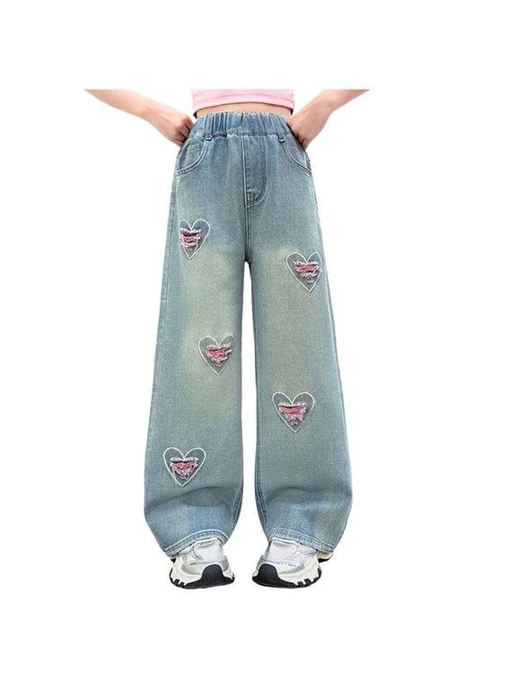 Girls Ripped Jeans Cross Waist Distressed Wide Leg Denim Pants Baggy Trouser Baggy Jeans for Girls