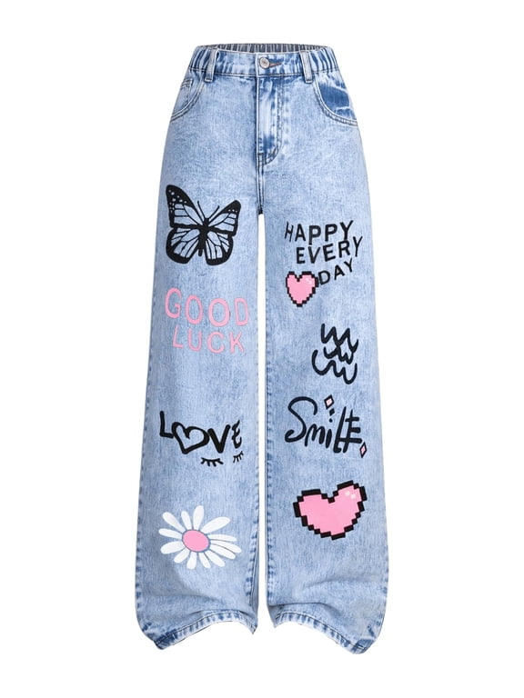 Girls Ripped Jeans Girl's Baggy Jeans Wide Straight Leg Denim Pants Kids | High Waisted, Elastic, Stretchy, Boyfriend, Streetwear, Y2K, Going Out