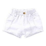 Girls Ripped Short Jeans Elastic Waist Raw-Hem Distressed Denim Shorts with Pocket Summer Hot Pants White,5 Years