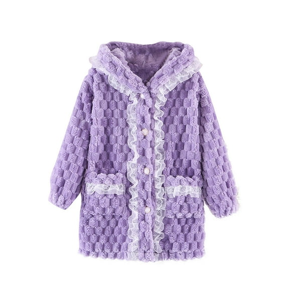Girls Robe Flannel Bathrobe Button Down Pajamas Coat Nightgown Cute Hooded Sleepwear Home Wear Jacket with Pocket, Purple, 4 Years