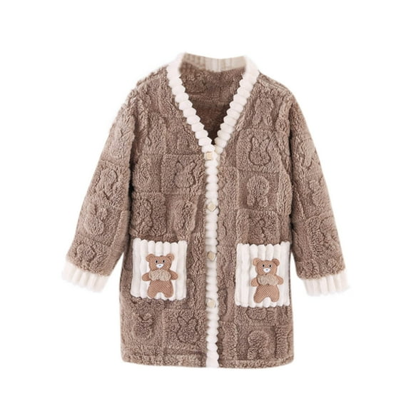 Girls Robe Flannel Bathrobe Button Down Pajamas Coat Nightgown Cute Long Sleeve Sleepwear Home Wear Jacket with Pocket, Khaki, 6 Years