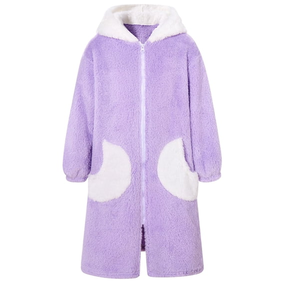 Aideaone Girls Robe Hooded Fleece Bathrobe Zip Up Plush Sleepwear Soft Cozy Loungewear with Moon Pockets for 4-14Y
