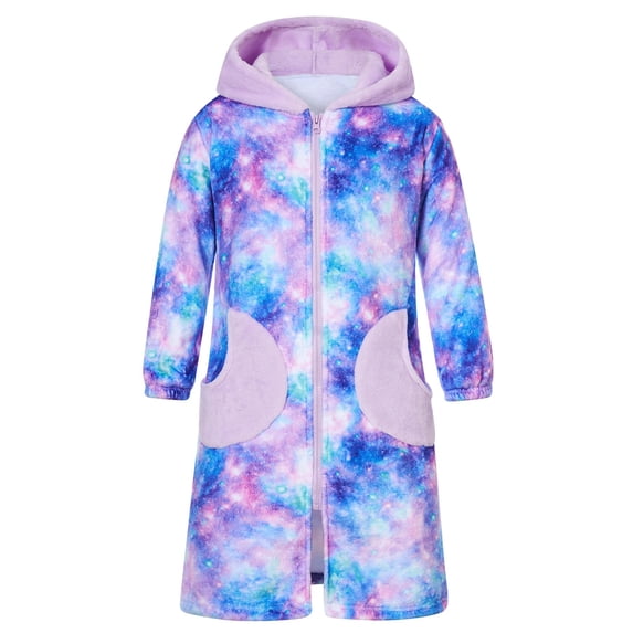 Aideaone Girls Robe Hooded Fleece Bathrobe Zip Up Plush Sleepwear Soft Cozy Loungewear with Moon Pockets for 4-14Y