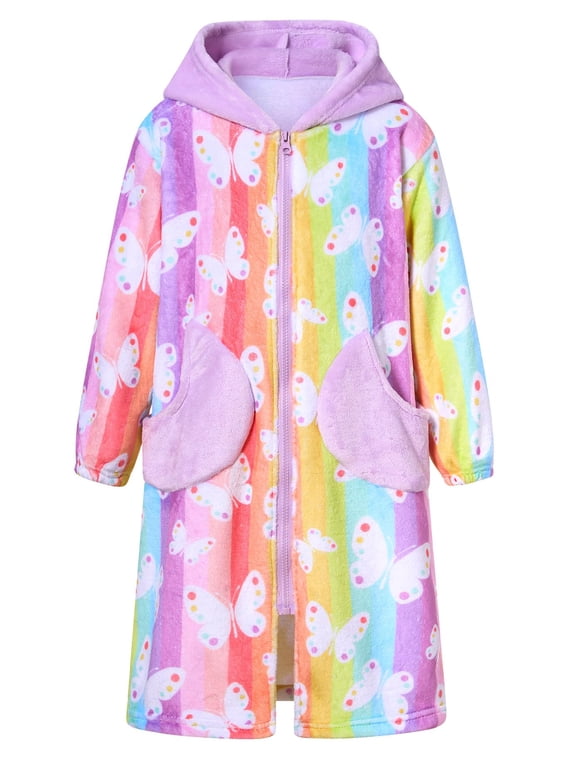 Girls Robe Hooded Fleece Bathrobe Zip Up Plush Sleepwear Soft Cozy Loungewear with Moon Pockets for 4-14Y