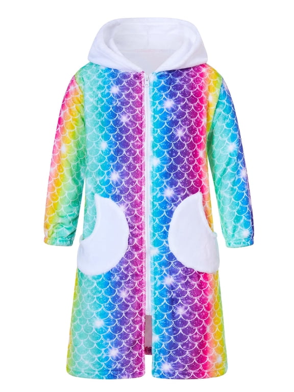 Girls Robe Hooded Fleece Bathrobe Zip Up Plush Sleepwear Soft Cozy Loungewear with Moon Pockets for 4-14Y