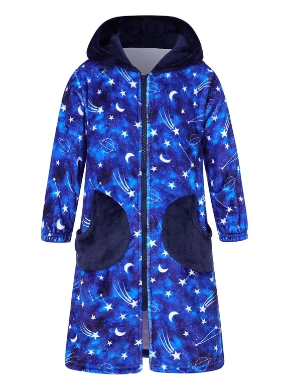 Girls Robe Hooded Fleece Bathrobe Zip Up Plush Sleepwear Soft Cozy Loungewear with Moon Pockets for 4-14Y