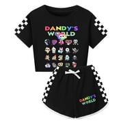 YOAHIZFA Girls Roblox Dandy's World Youtube Game Cartoon Short Sleeve T-shirt&Shorts Athletic Outfit Summer Jogging T-Shirt Tracksuit 2 Pcs printed Casual Tops Cotton Tees Set Clothes Kids Anime Gifts 3-13