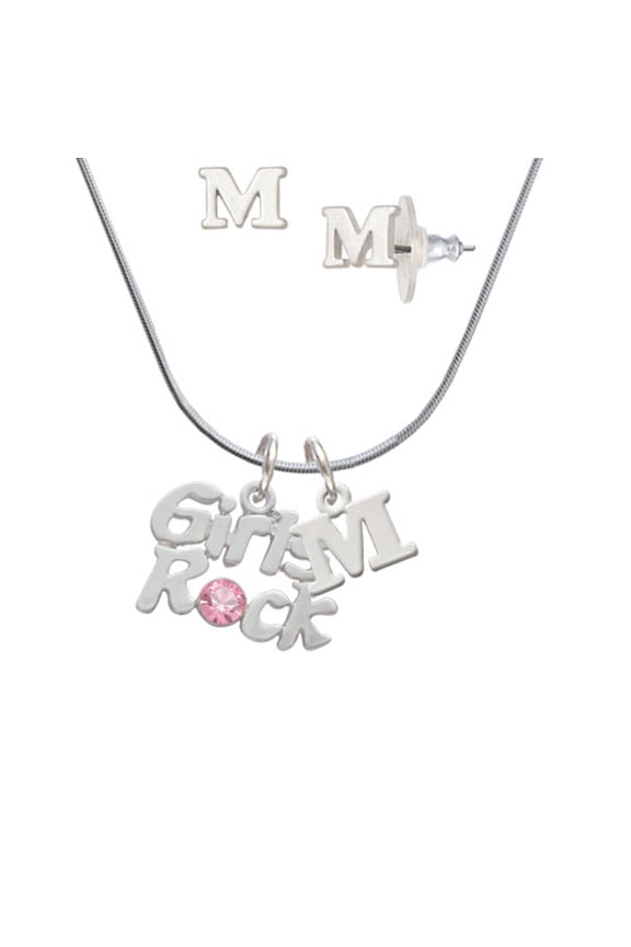 Girls Rock with Light Pink Crystal - M Initial Charm Necklace and Stud Earrings Jewelry Set