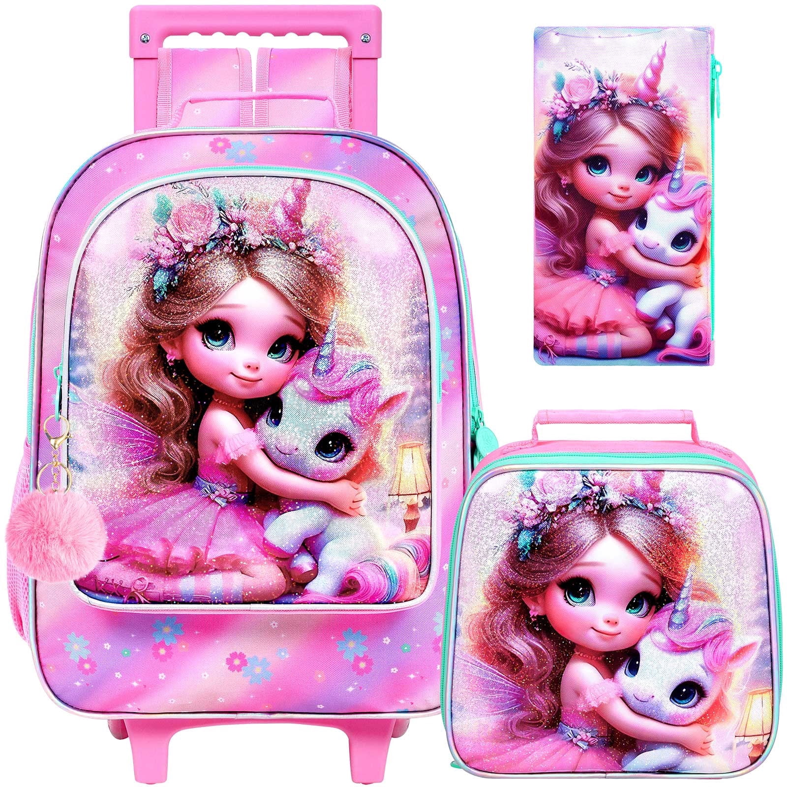 Girls Rolling Backpack, Cute Unicorn Roller Wheels Kids Bookbag ...