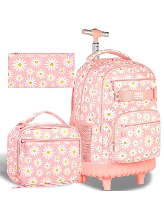 Girls Rolling Backpack, Women Roller Bookbag with Lunch Box for Adults, Water Resistant Wheeled School Bag for College Teens Kids Travel - Pink Flower