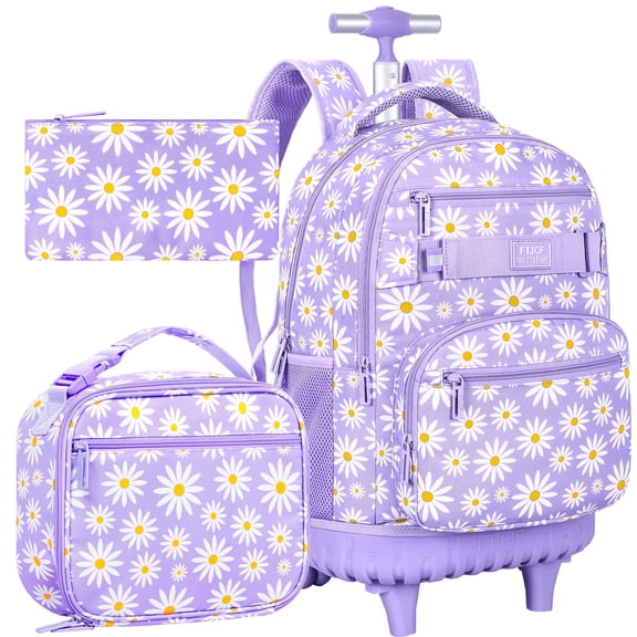 Girls Rolling Wheeled Backpack, Daisy Pattern Laptop Wheeled School Bag for Teens Women Daily Use