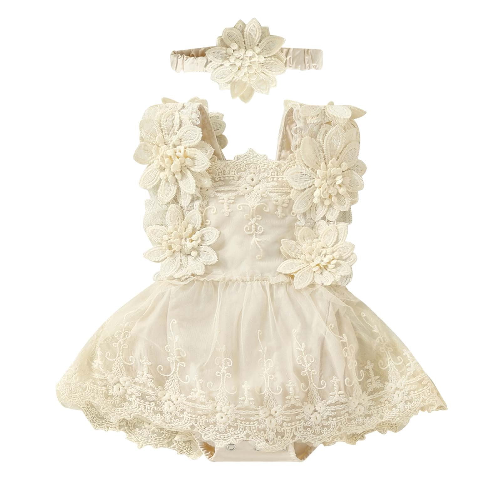 Baby Girl Bubble Romper Baby Girls'summer Lace Mesh Tutu Romper with Floral Print Jumpsuit Headband Accessory Set Baby Rompers Beige 3 Months-6 Months