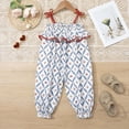 thumbnail image 1 of Girls Romper Blue Vintage Print Ruffle Sleeveless Jumpsuit Adjustable Straps Lantern Leg Summer Play Outfit 2-8 Years,Size 5-6T, 1 of 8